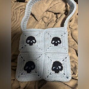 Handmade Crochet Skull Pattern Bag - Light Blue and Black
